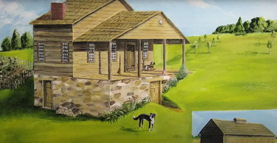 A painting of a dog and a house