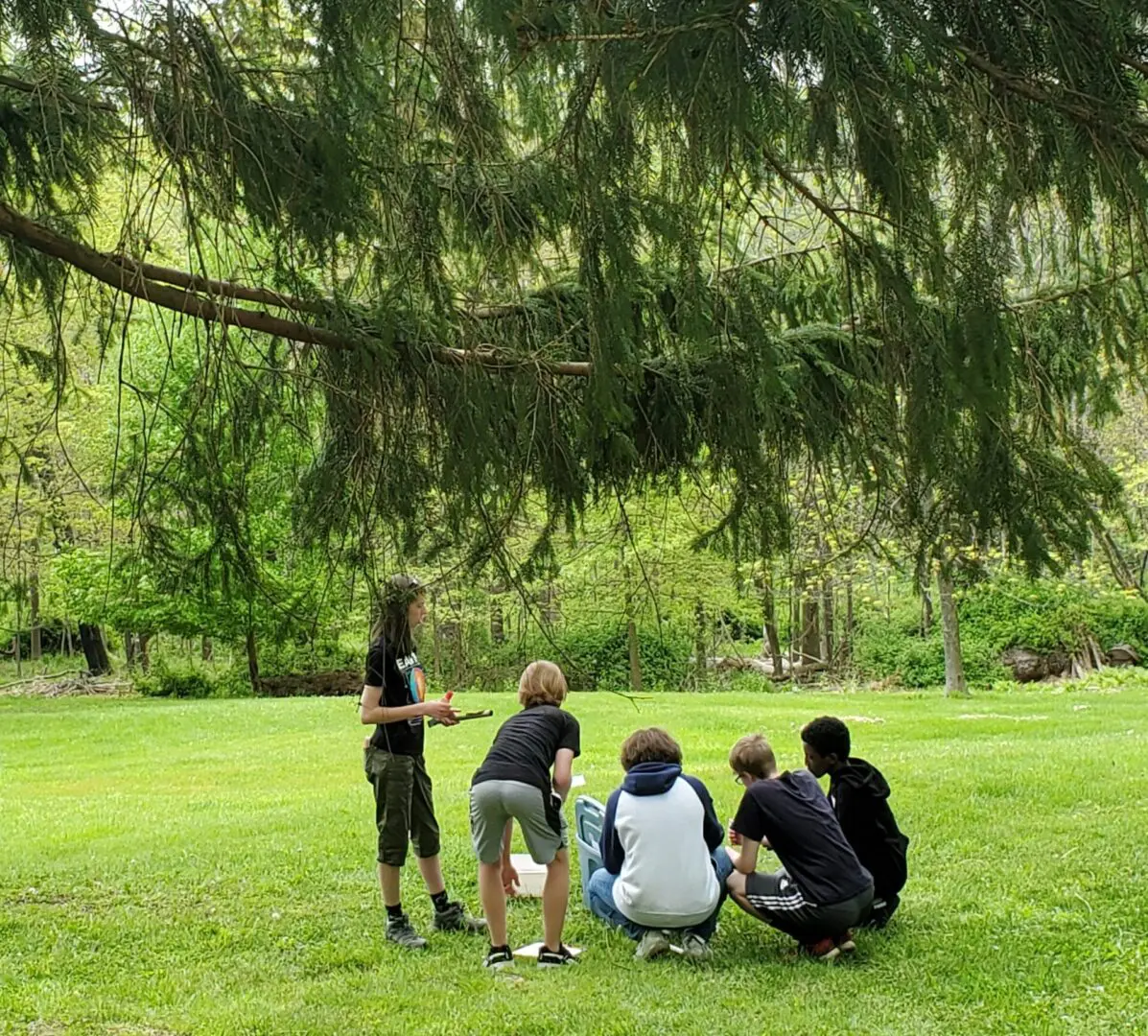 A group of people sitting under a tree