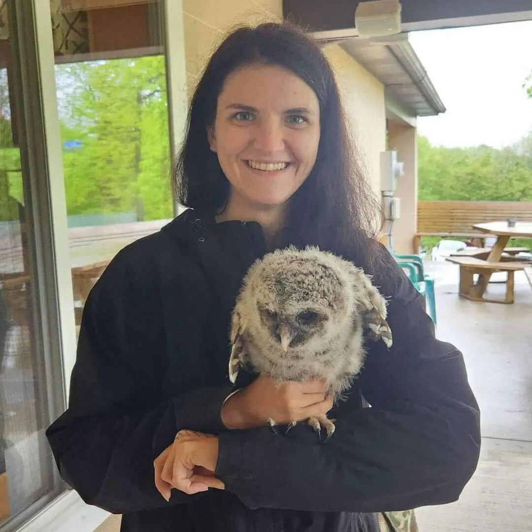 Woman holding a small grey owl.