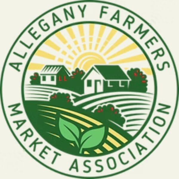 Circular logo for Allegany Farmers Market Association featuring a sunlit rural landscape with fields, trees, and houses