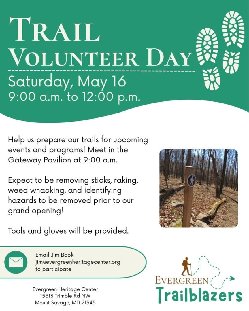 Poster for Trail Volunteer Day: Saturday, May 16, 9:00 a.m.–12:00 p.m., at Gateway Pavilion; volunteers prepare trails; tools provided.
