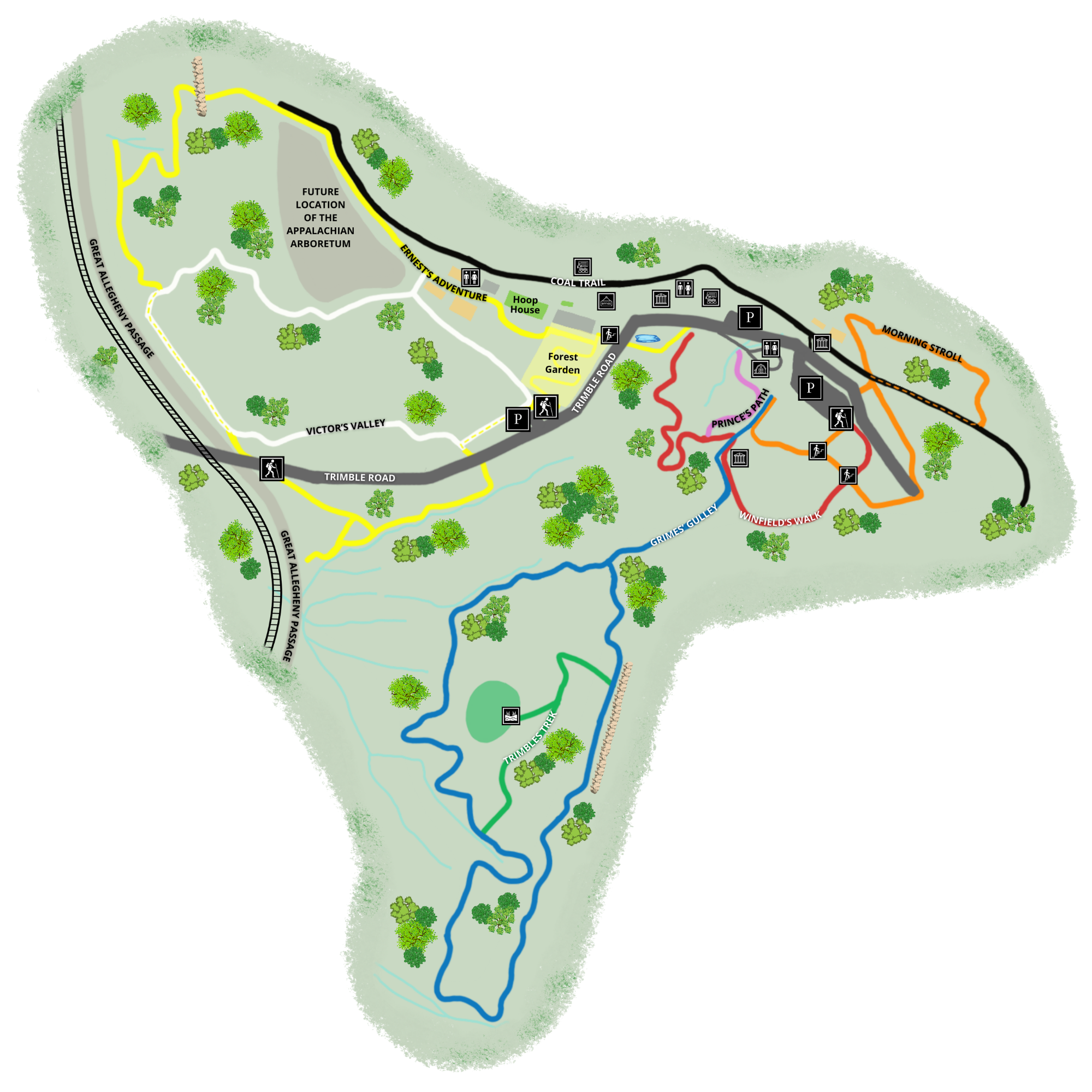 Colored map of a park showing multiple color-coded trails through trees, with a railroad to the left and facility icons.