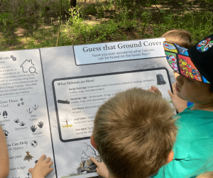 children on a hike viewing an educational placard about forest habitats